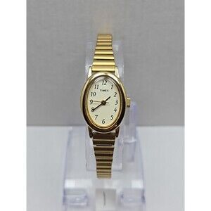 Timex Cavatina Gold Tone Oval Womens Quartz Watch Stretch Band New Battery Dress